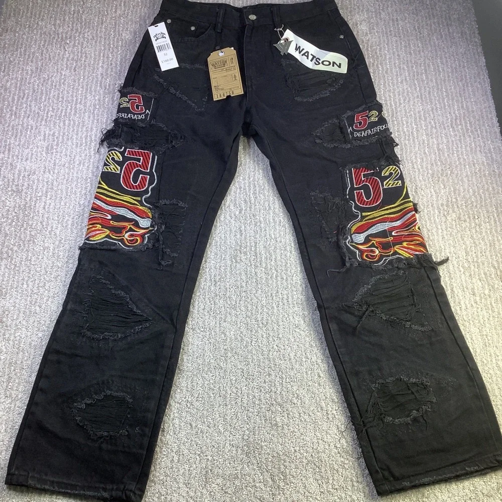 Watson Denim Mens 32 x‎ 29 Black Distressed Embroidered Graphic Jeans NWT